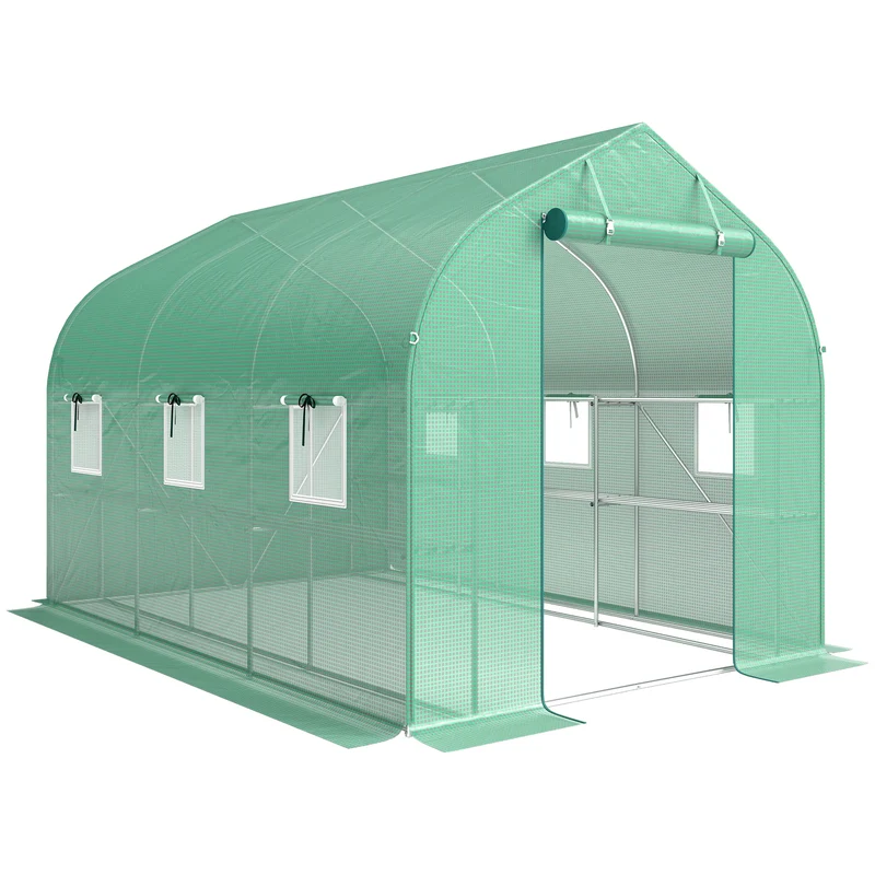 Serre tunnel de jardin 198 x 293 x 194 cm porte enroulable avec étagères solides style moderne en acier galvanisé vert 21_0005628