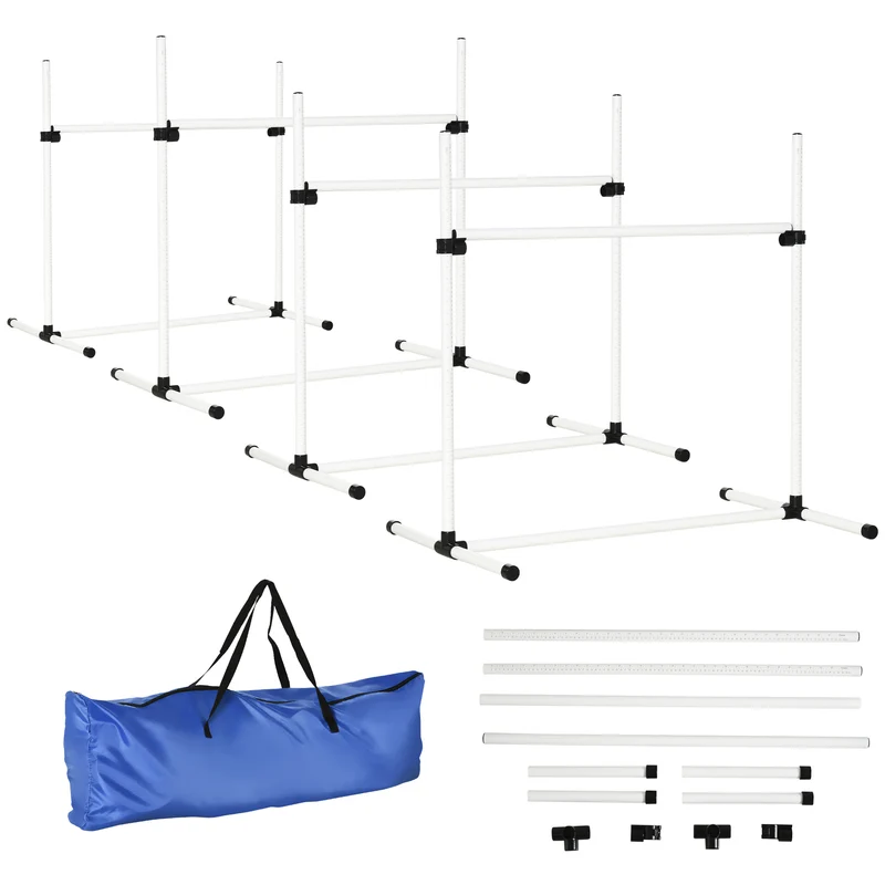 Lot de 4 obstacles d'agilité pour chien jardin 99 x 65 x 94 cm hauteur réglable sac transport moderne en plastique blanc 21_0007516