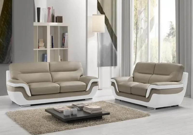 Canapé droit bicolore en cuir taupe et blanc - Cassandra