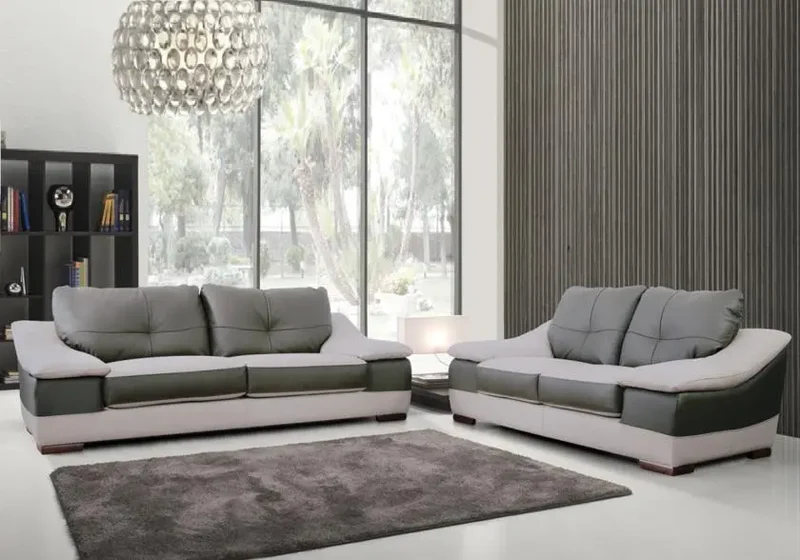 Canapé droit bicolore en cuir beige et gris - Carman