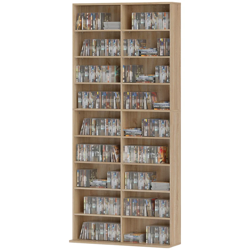 Etagère de rangement cd et dvd 78.5 x 24 x 175 cm 640 cd gain de place moderne en panneau de particules bois naturel 21_0002509