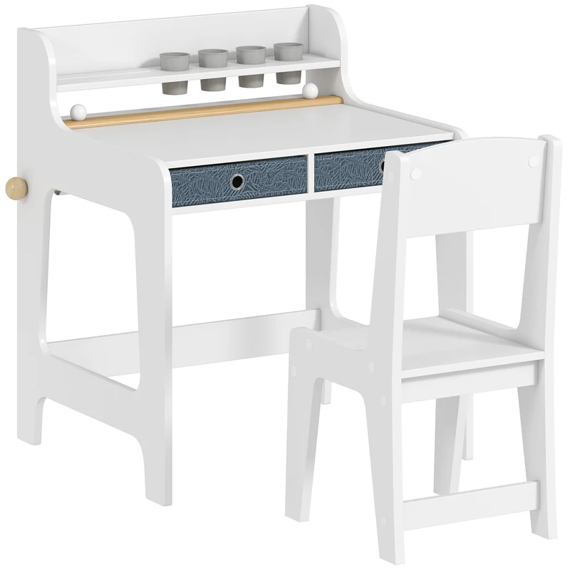 Ensemble bureau enfant avec chaise 62,8 x 55,6 x 73,8 cm avec tiroirs et porte-gobelet moderne et épuré en MDF blanc 21_0000234