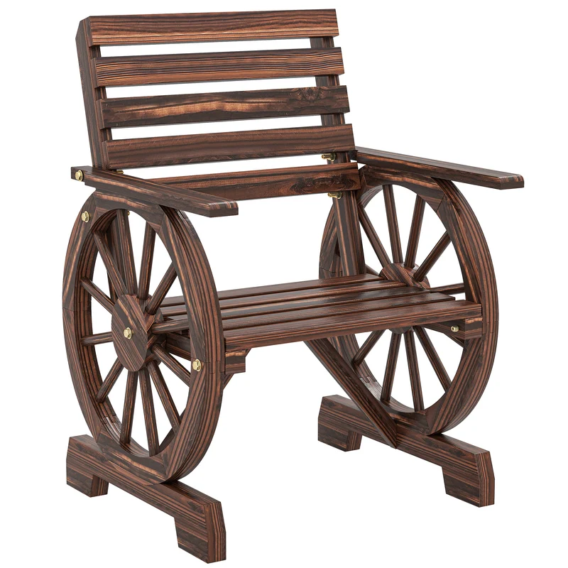 Chaise de jardin roue de chariot 66 x 55 x 90 cm assise large et dossier incliné évacuation eau rustique en bois noir 21_0005733