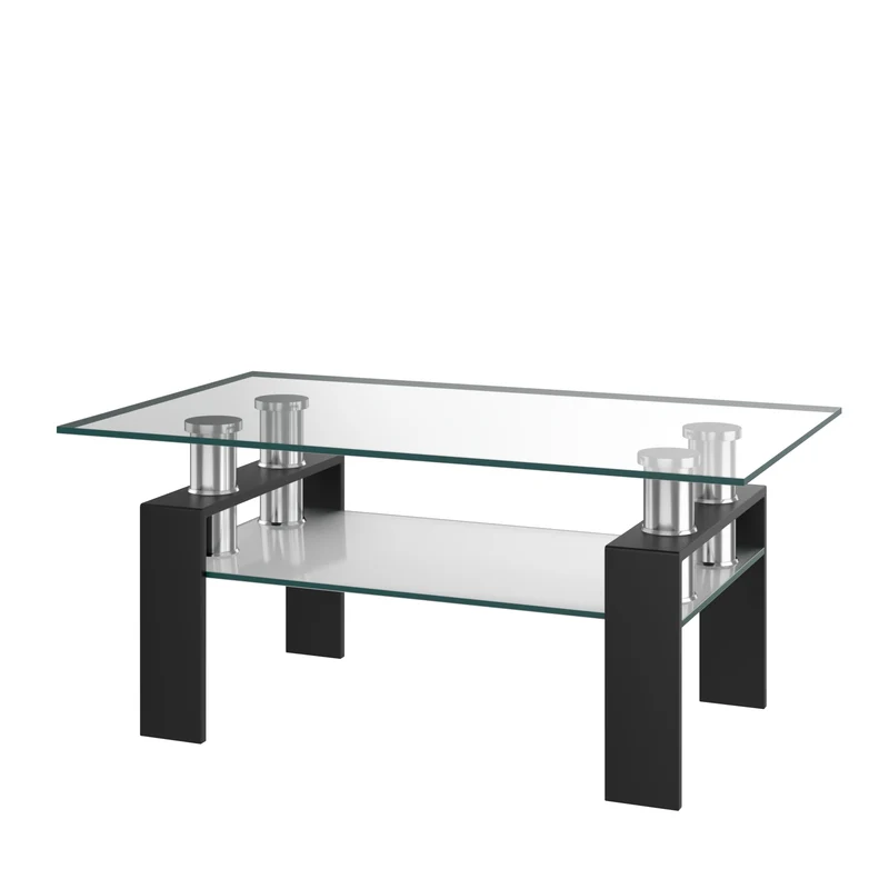 Table basse en verre trempé rectangulaire 99x60x44 cm tube en acier inoxydable et pied en fer solide noir 20_0001149