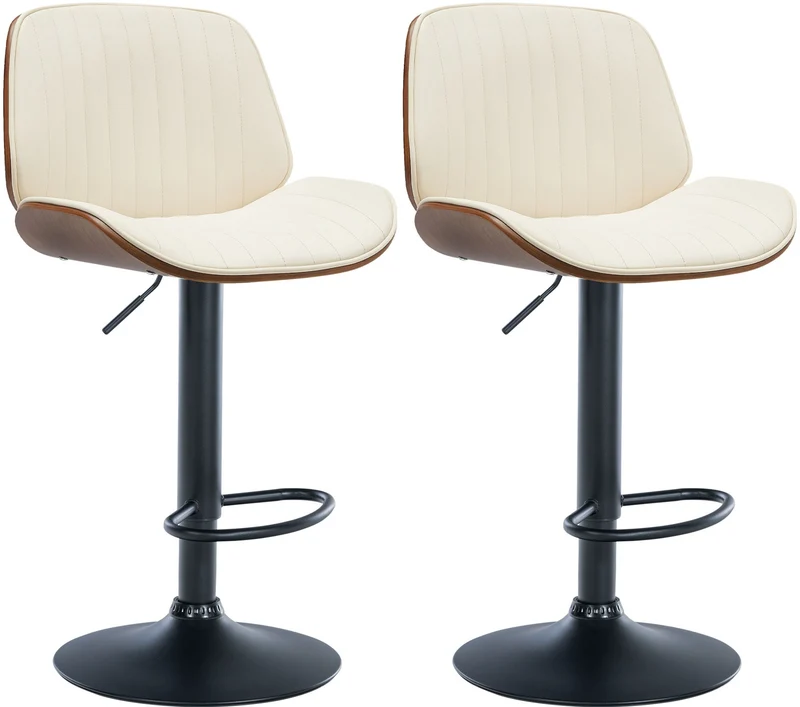 Lot de 2 tabourets de bar en similicuir crème avec surpiqûres cadre en bois foncé pieds en métal noir TDB10747