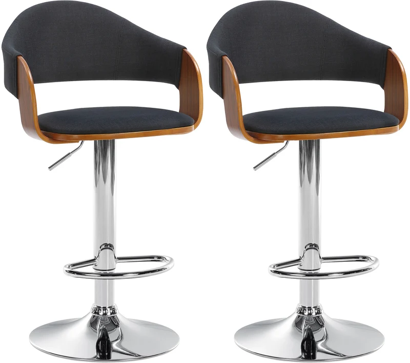 Lot de 2 tabourets de bar chaises de comptoir en tissu noir cadre en bois et pieds en métal TDB10740