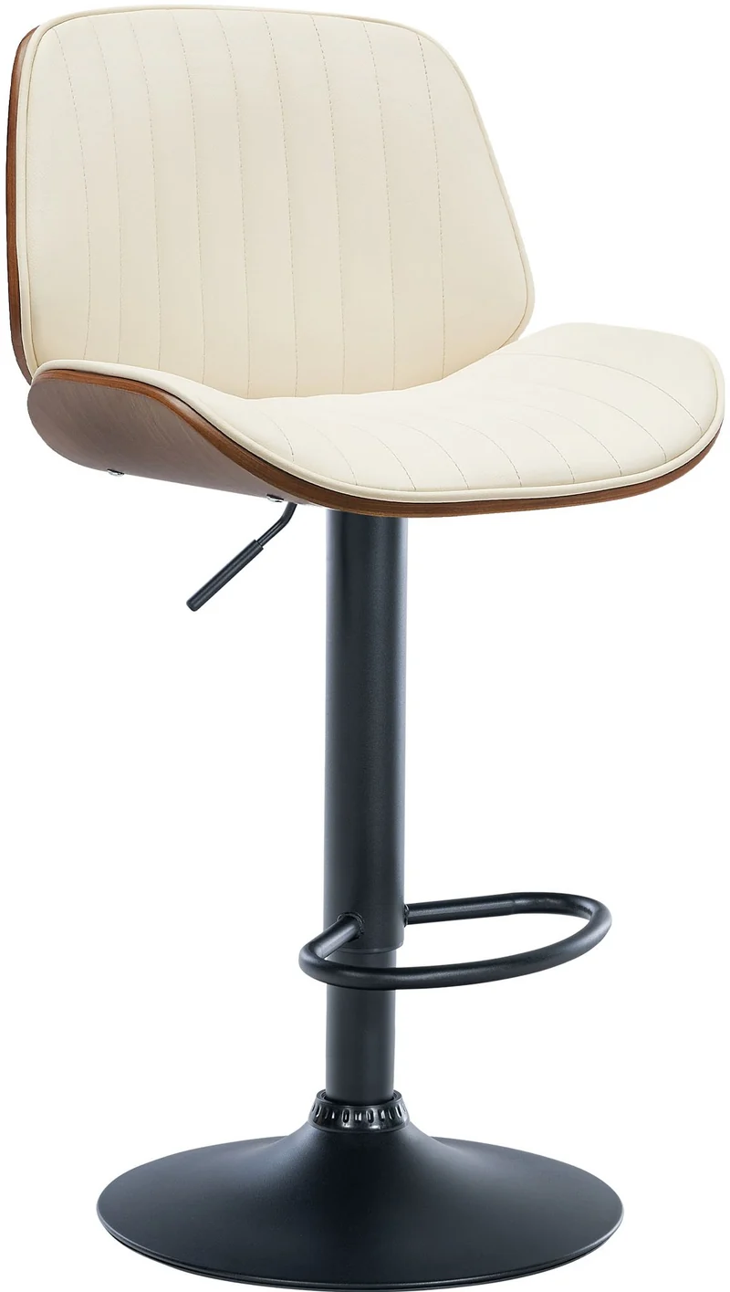 Tabouret de bar design moderne coutures verticales en bois noyer PVC crème et métal noir 10_0005295