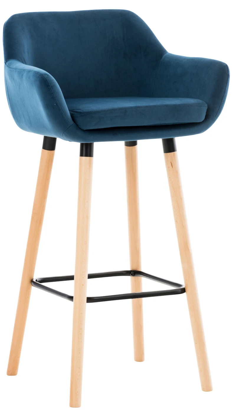 Tabouret de bar lounge x1 design scandinave assise en velours bleu pieds en bois repose-pieds en métal 10_0004913