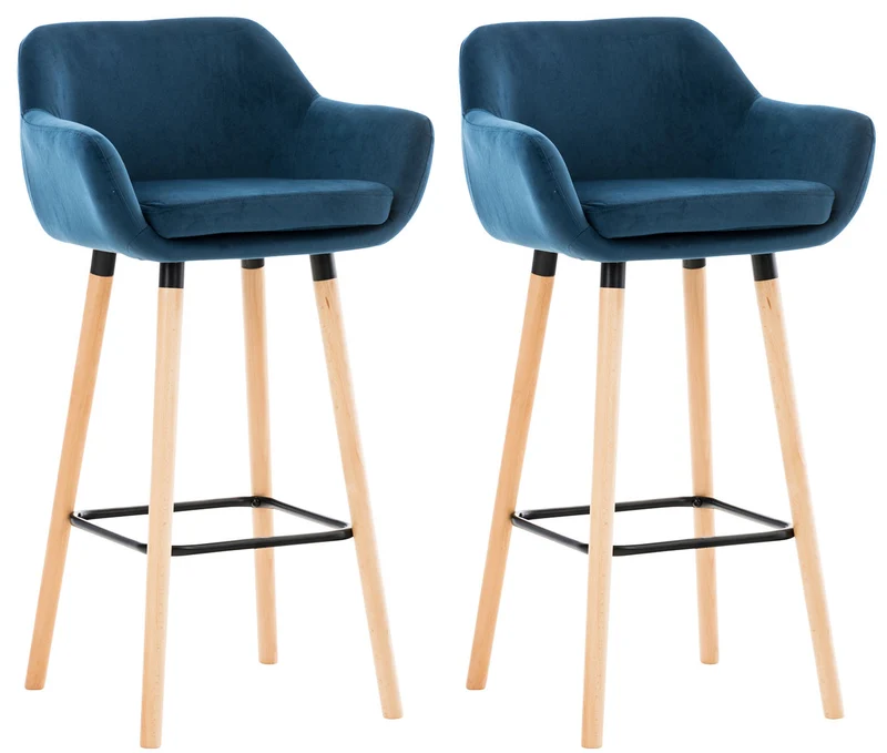 Lot de 2 tabourets de bar en velours bleu pieds en bois avec repose-pieds et accoudoirs style rétro moderne TDB10283