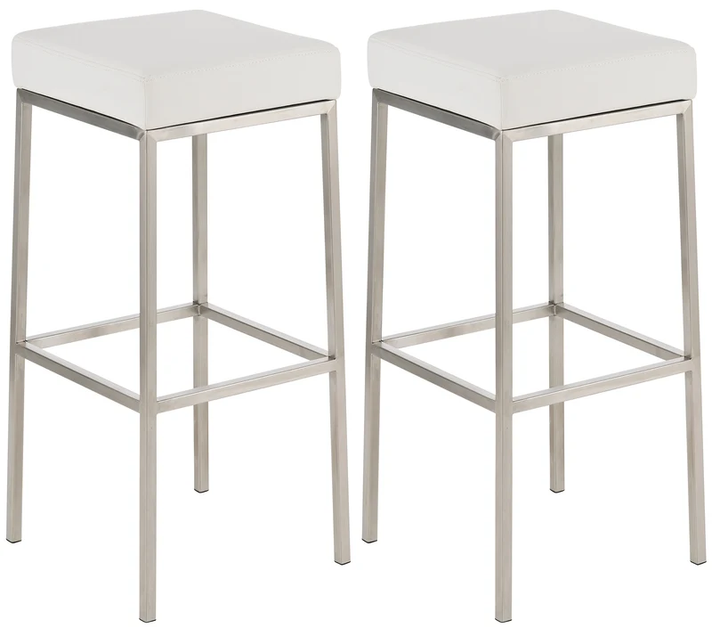 Lot de 2 tabourets de bar avec repose-pieds design simple hauteur 85 cm en PVC blanc et acier inoxydable 10_0004372