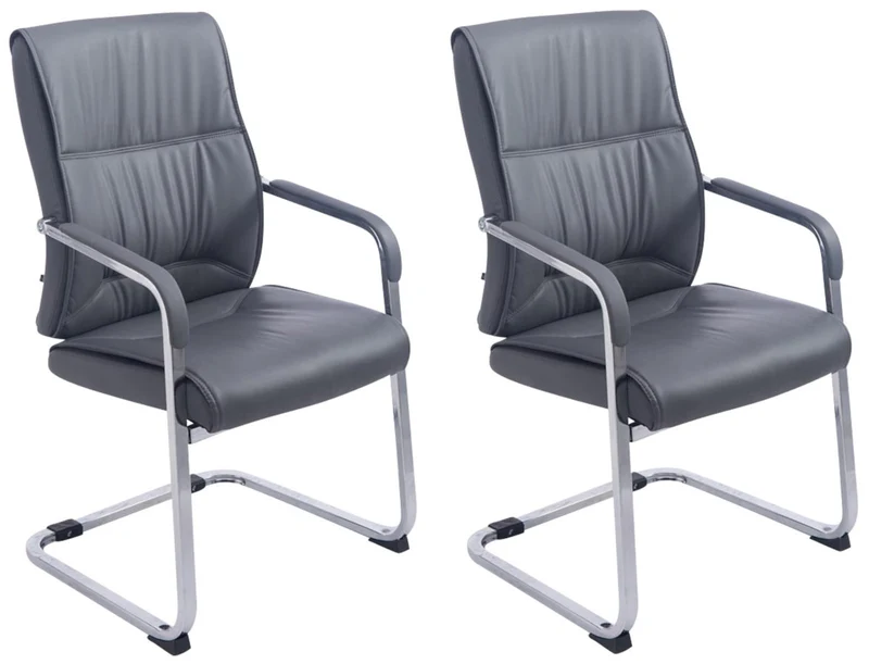 Lot de 2 fauteuils de bureau sans roulettes XXL jusqu'à 260 kg en PVC gris et métal chromé 10_0002350