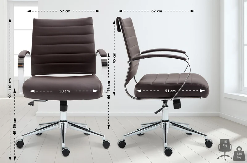 Chaise de bureau sur roulettes design ergonomique en similicuir marron et métal chromé 10_0007022
