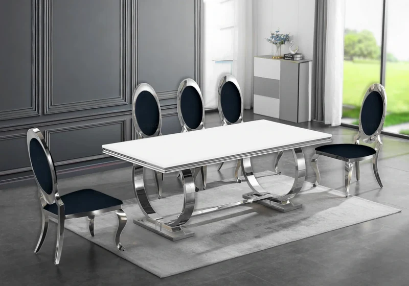 Table verre blanc et 4 chaises médaillon argent – Bobo