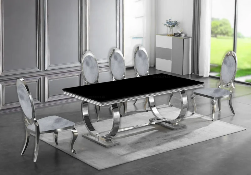 Table verre noir et 4 chaises médaillon argent – Bobo