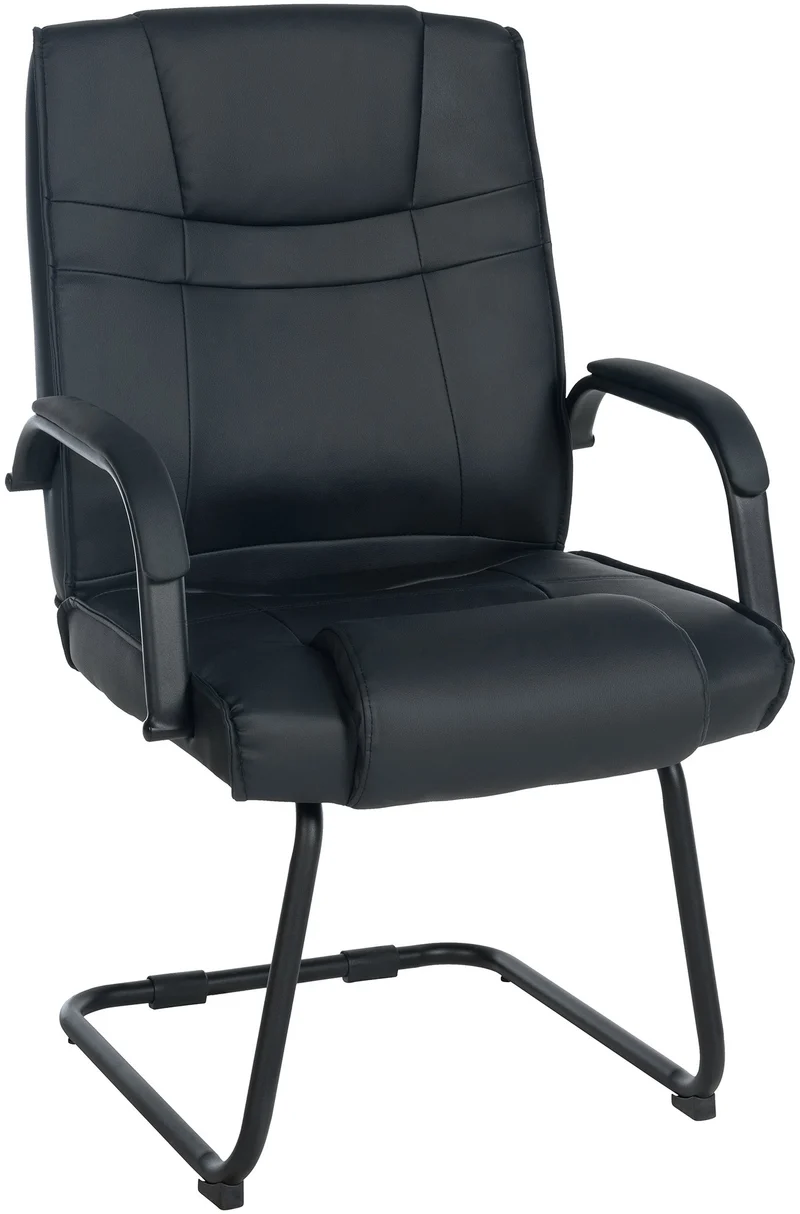 Fauteuil de bureau sans roulettes accoudoirs chaise visiteur charge maximale 180 kg en PVC noir cadre en métal noir BUR10718