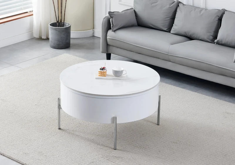 Table basse ronde chromée céramique marbre blanc - Vega