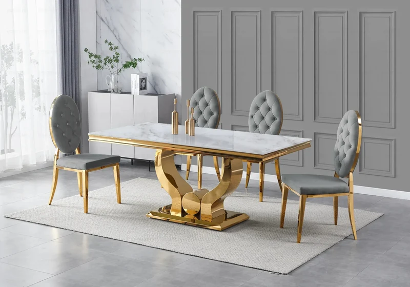 Table marbre beige et 4 chaises capitonnées doré – Omega