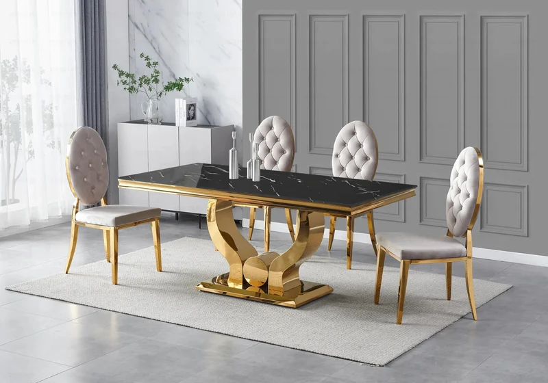 Table marbre noir et 4 chaises capitonnées doré – Omega