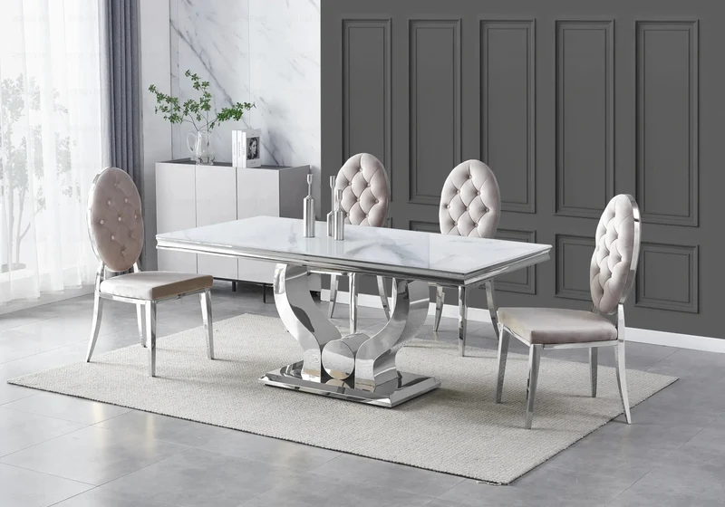 Table marbre blanc et 4 chaises capitonnées argent – Omega