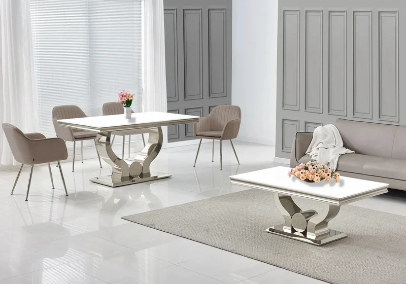 Salle à manger complète verre blanc argent – Omega