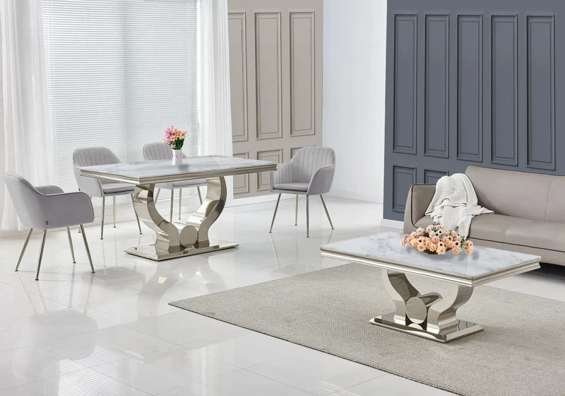 Salle à manger complète marbre beige argent – Omega