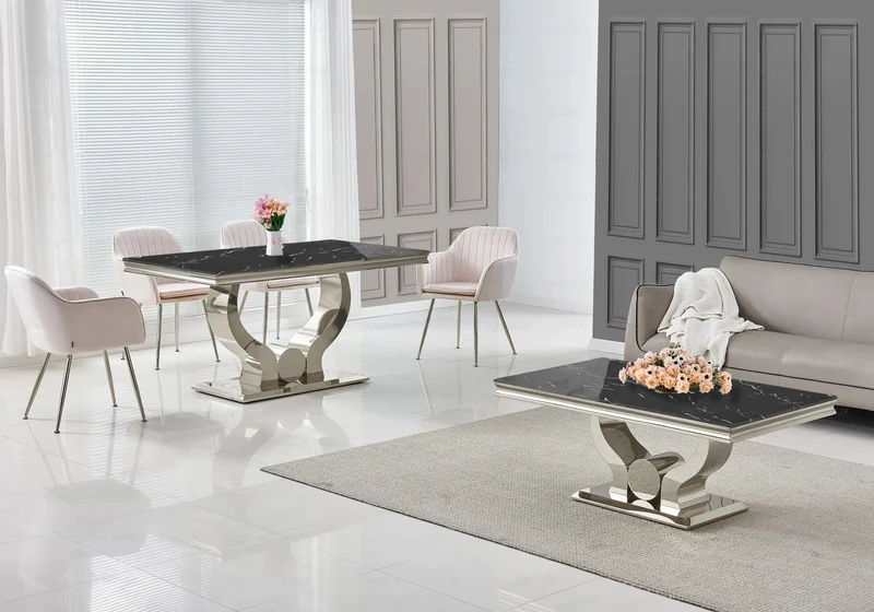 Salle à manger complète marbre noir argent – Omega