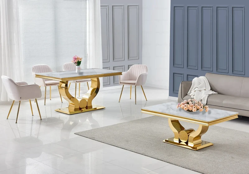 Salle à manger complète marbre beige doré – Omega