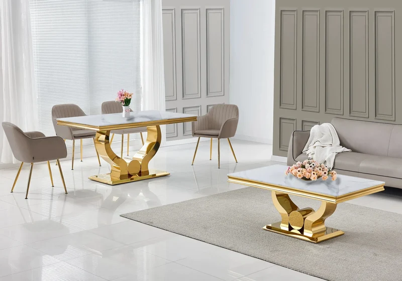 Salle à manger complète marbre blanc doré – Omega