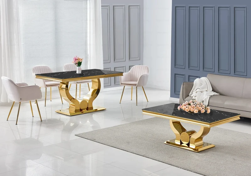 Salle à manger complète marbre noir doré – Omega