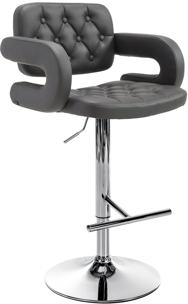 Tabouret de bar x1 avec repose-pied et accoudoirs capitonné en PVC gris support en métal chromé 10_0004791