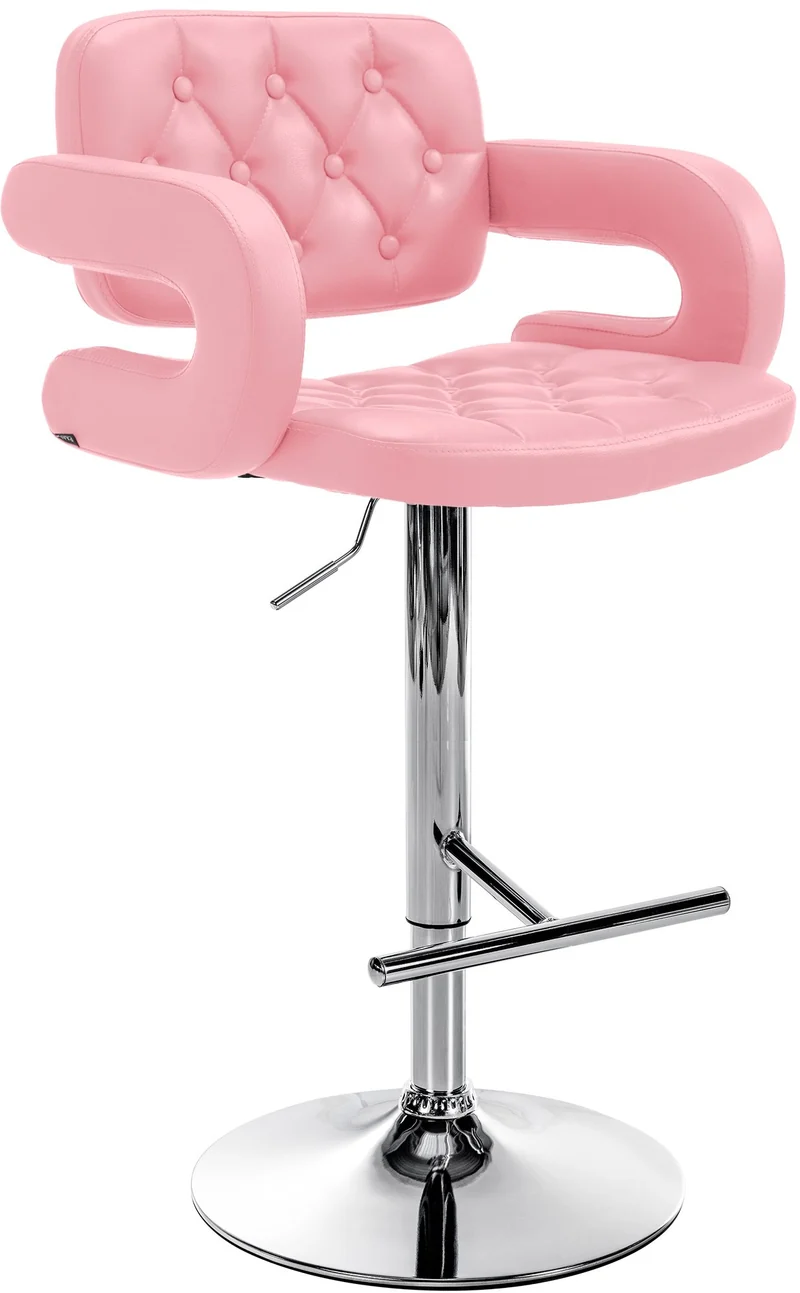 Tabouret de bar capitonné en synthétique rose accoudoirs repose-pieds métal chromé design moderne 10_0006833
