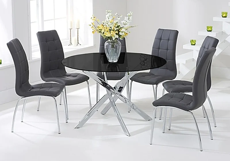 Table ronde noire 6 chaises grises - Design