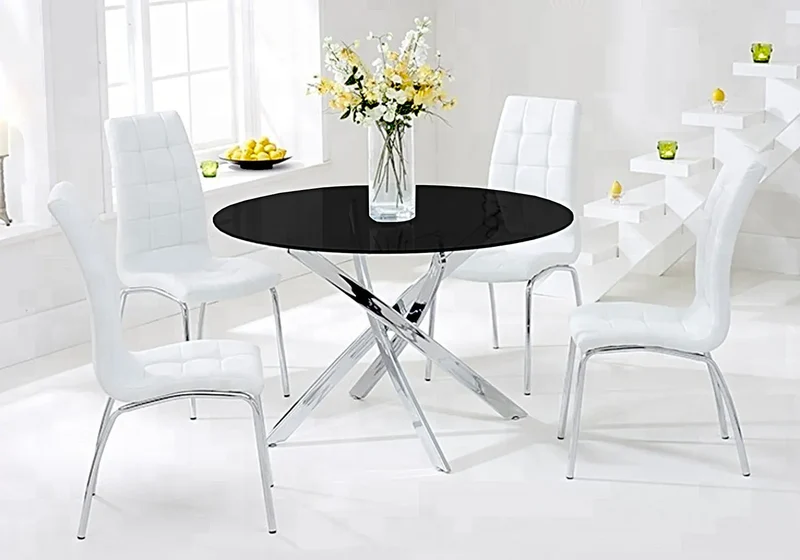 Table ronde noire 6 chaises blanches - Design