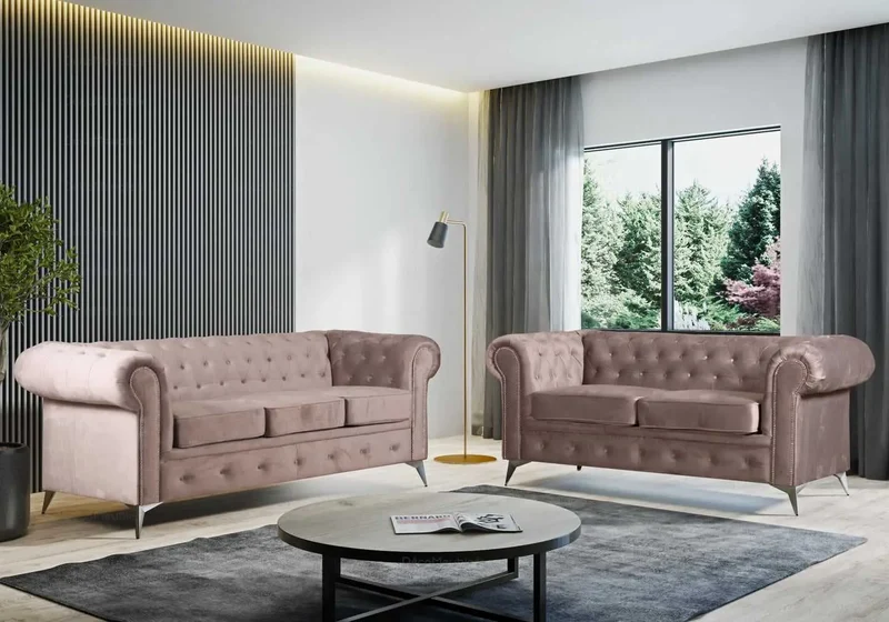 Canapé Chesterfield velours beige - Hugo