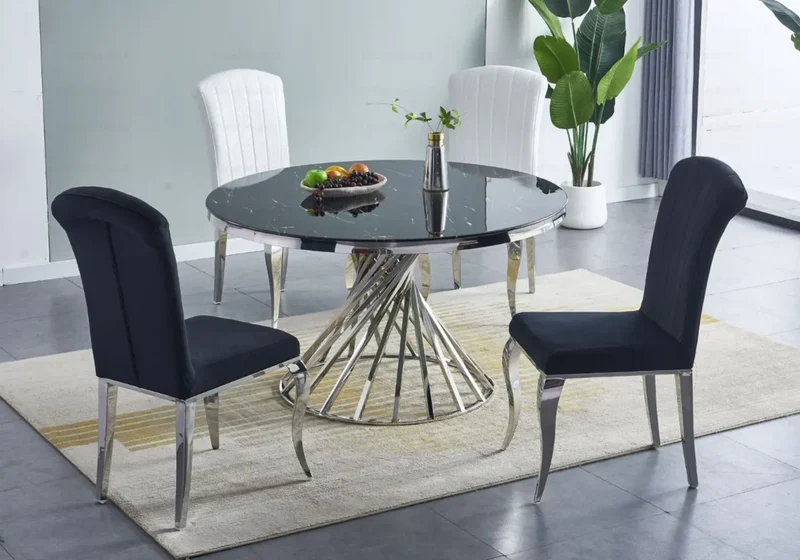 Table à manger ronde marbre noir argent - Ruby