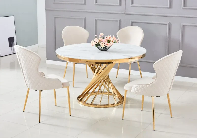 Table à manger ronde marbre blanc doré - Ruby