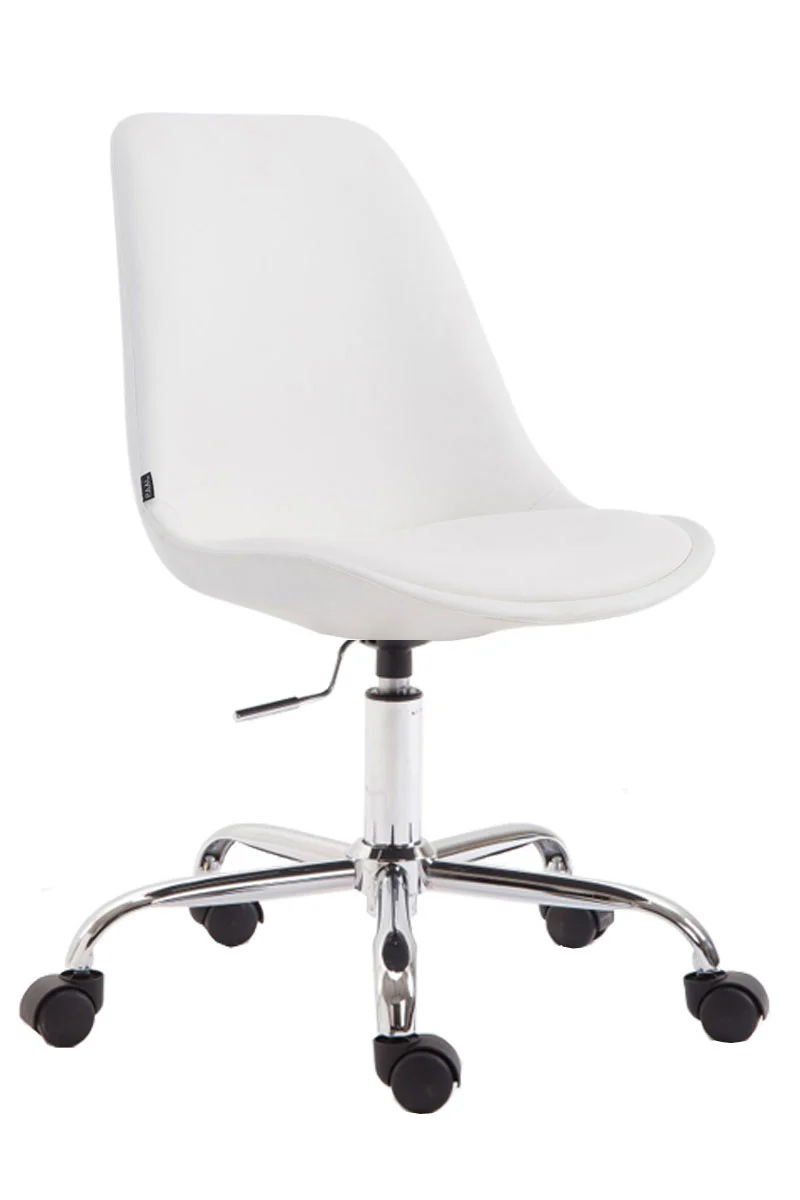 Chaise de bureau tabouret de travail sur roulettes hauteur réglable en PVC blanc et métal chromé 10_0002679
