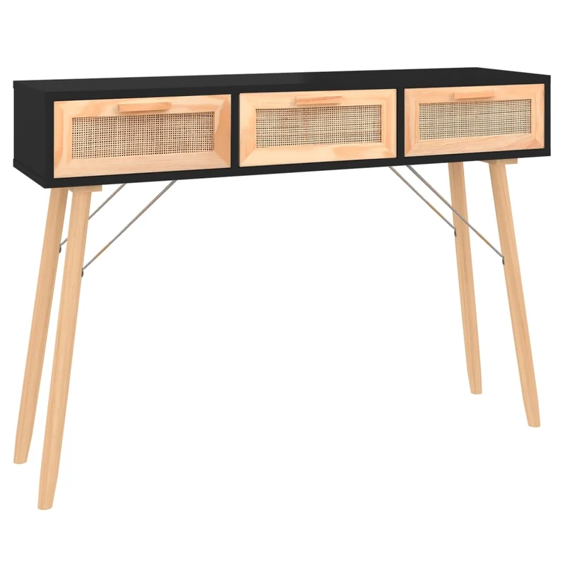 Table console d'entrée fonctionnel et stylé avec tiroirs 105 x 30 x 75 cm bois massif pin /rotin naturel noir DEC032095