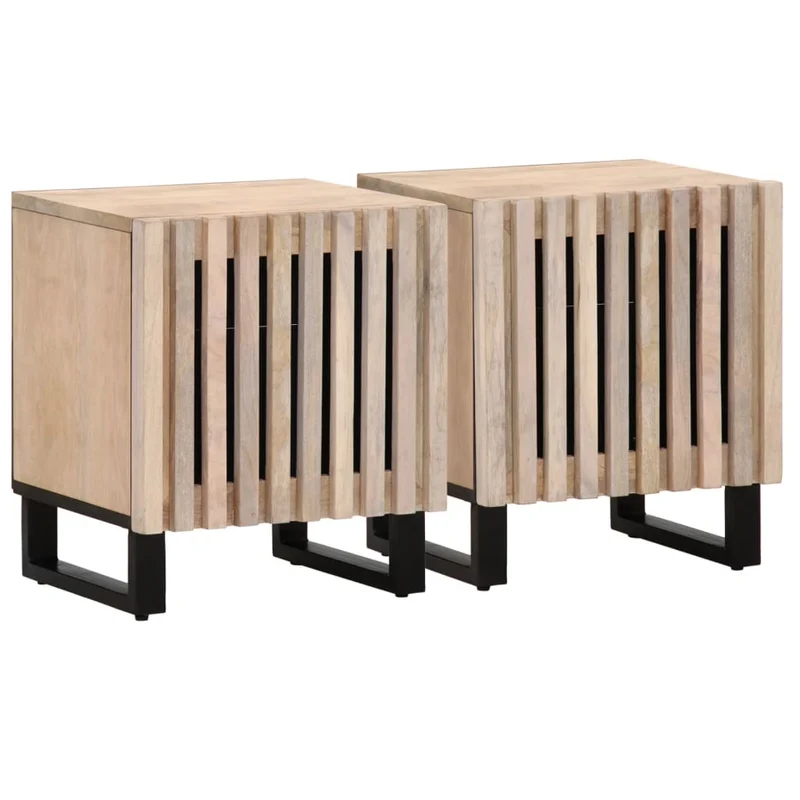 Lot de 2 tables de chevet avec compartiment avec porte 40 x 34 x 46 cm bois manguier massif blanchi et acier DEC034797