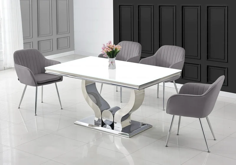 Ensemble table verre blanc et chaises argent – Omega