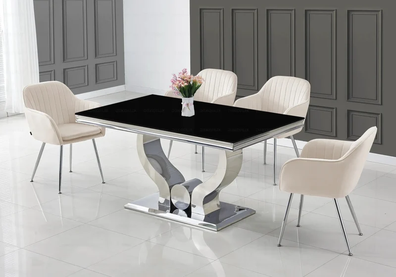 Ensemble table verre noir et chaises argent – Omega