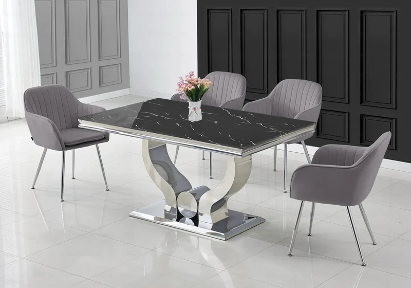 Ensemble table marbre noir et chaises argent – Omega