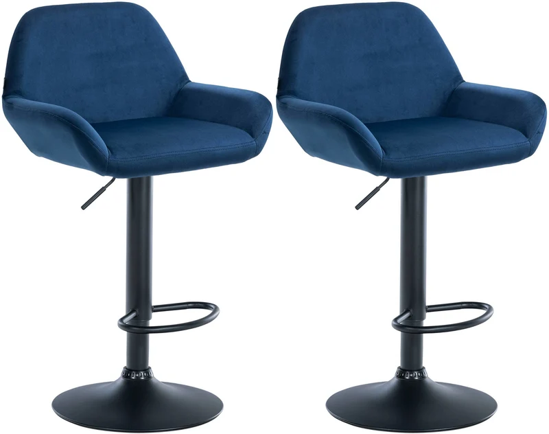 Lot de 2 tabourets de bar avec repose-pieds et accoudoirs en velours bleu piètement en trompette métal noir 10_0006744