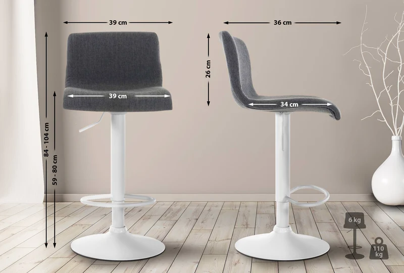 Tabouret de bar x1 en tissu gris foncé cadre métal blanc repose-pieds style moderne 10_0005861
