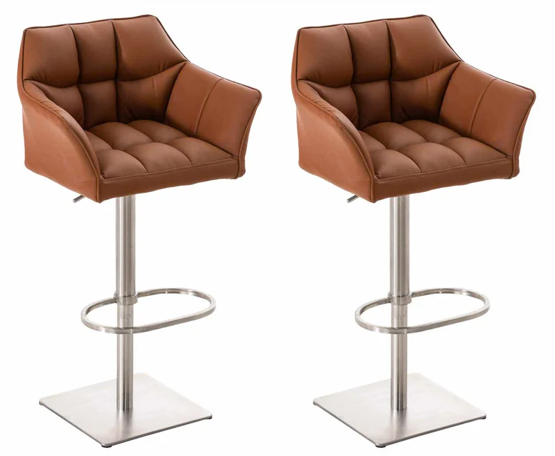 Lot de 2 tabourets de bar réglable en similicuir marron clair assise enveloppante capitonnée avec base carrée en acier inoxydable 10_0006385