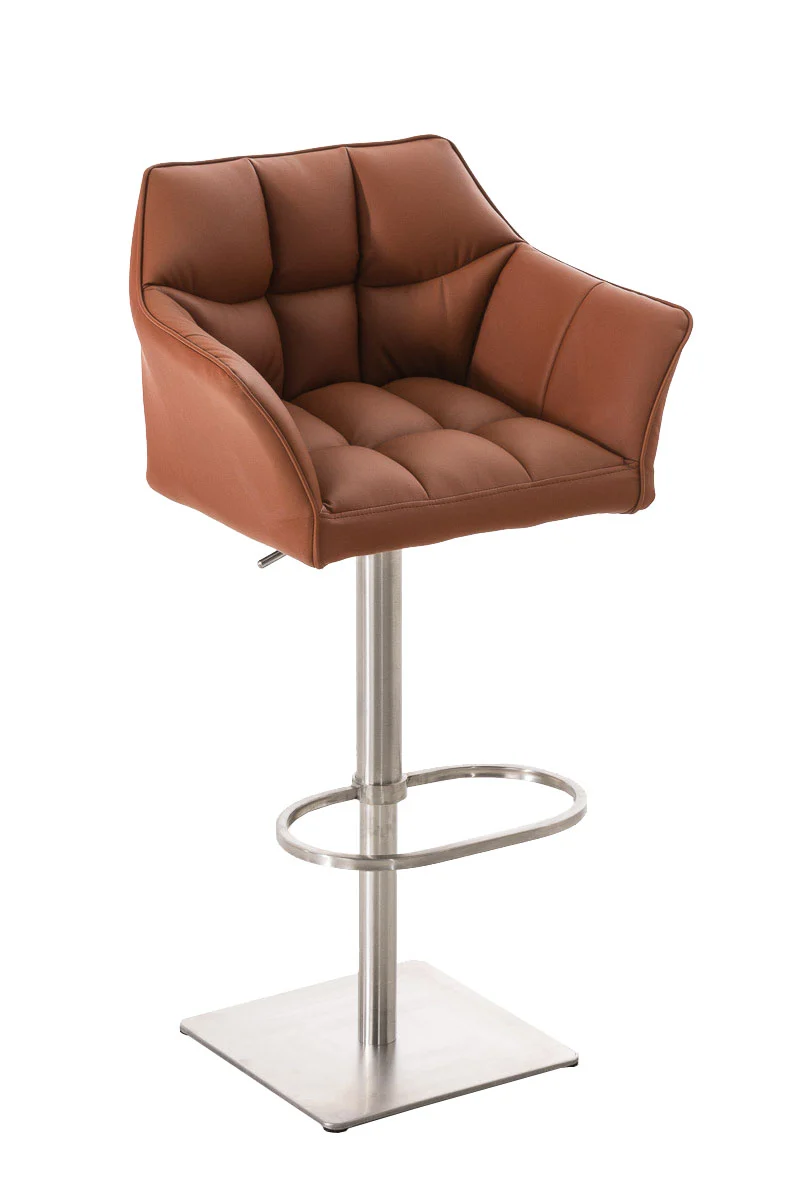 Tabouret de bar x1 réglable en similicuir marron clair assise enveloppante capitonnée et avec base carrée en acier inoxydable 10_0006009