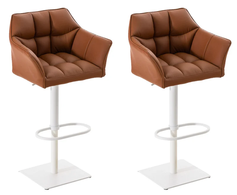Lot de 2 tabourets de bar réglable ensimilicuir marron clair assise enveloppante capitonnée et avec base carrée en métal blanc 10_0006619