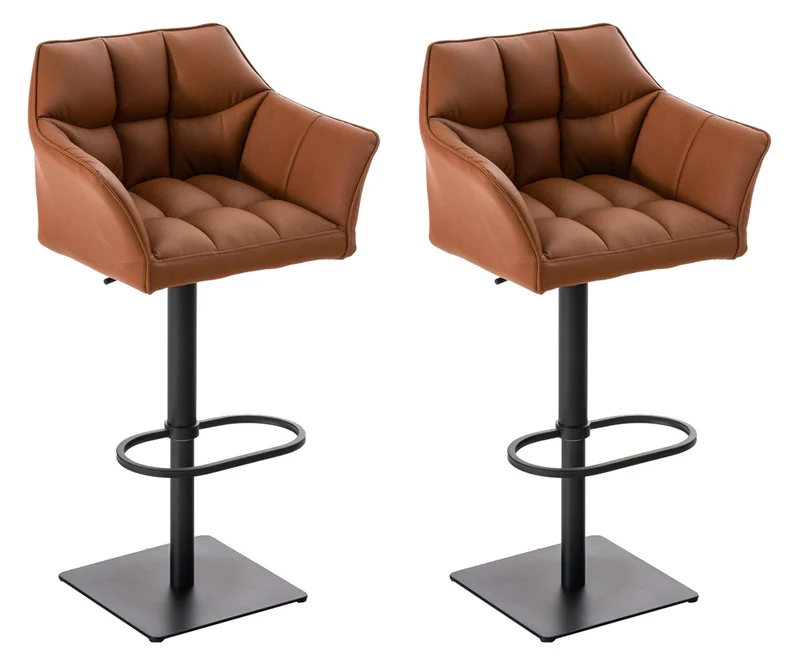 Lot de 2 tabourets de bar réglable en similicuir marron clair assise enveloppante capitonnée et avec base carrée en métal noir 10_0006386