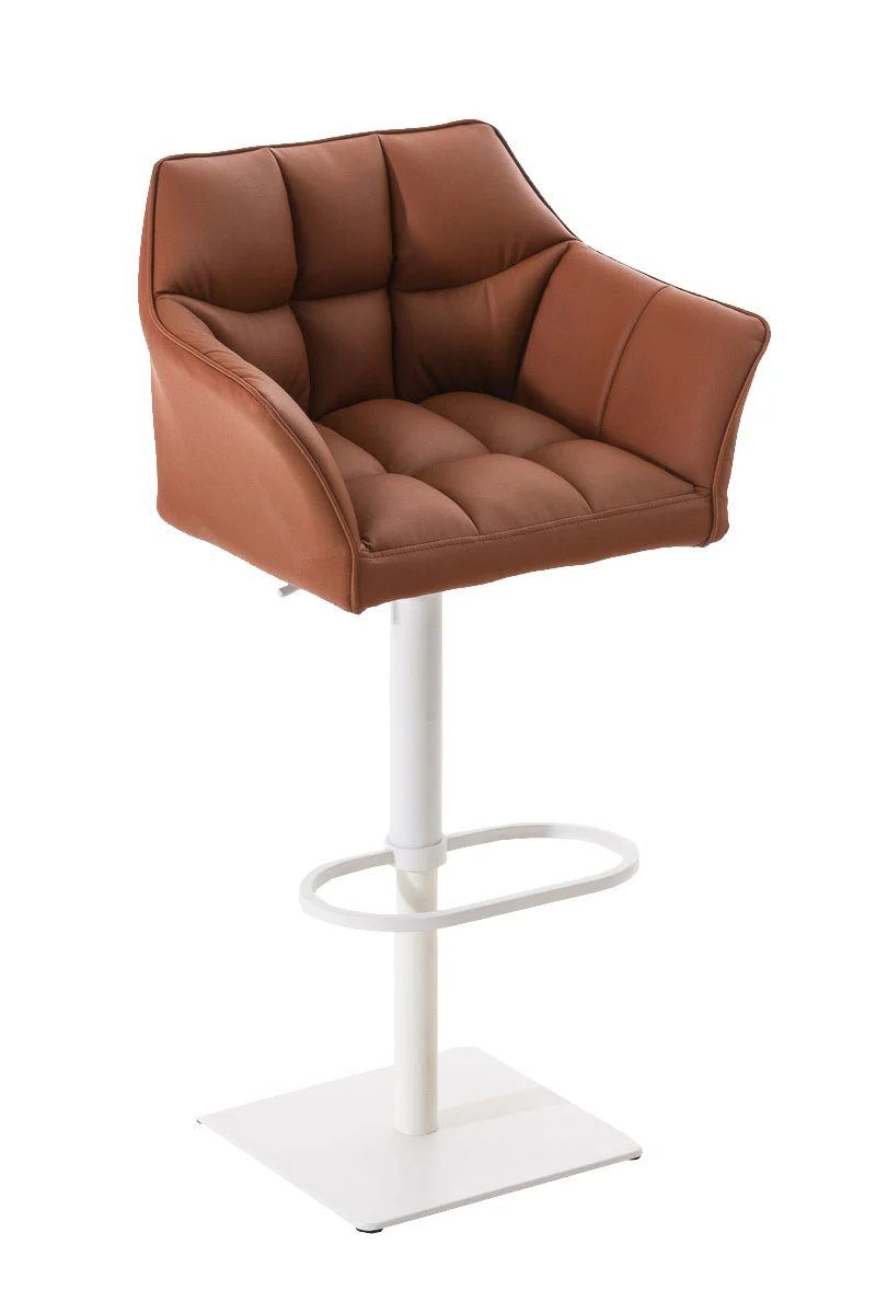Tabouret de bar x1 réglable en similicuir marron clair assise enveloppante capitonnée avec base carrée en métal blanc 10_0006302