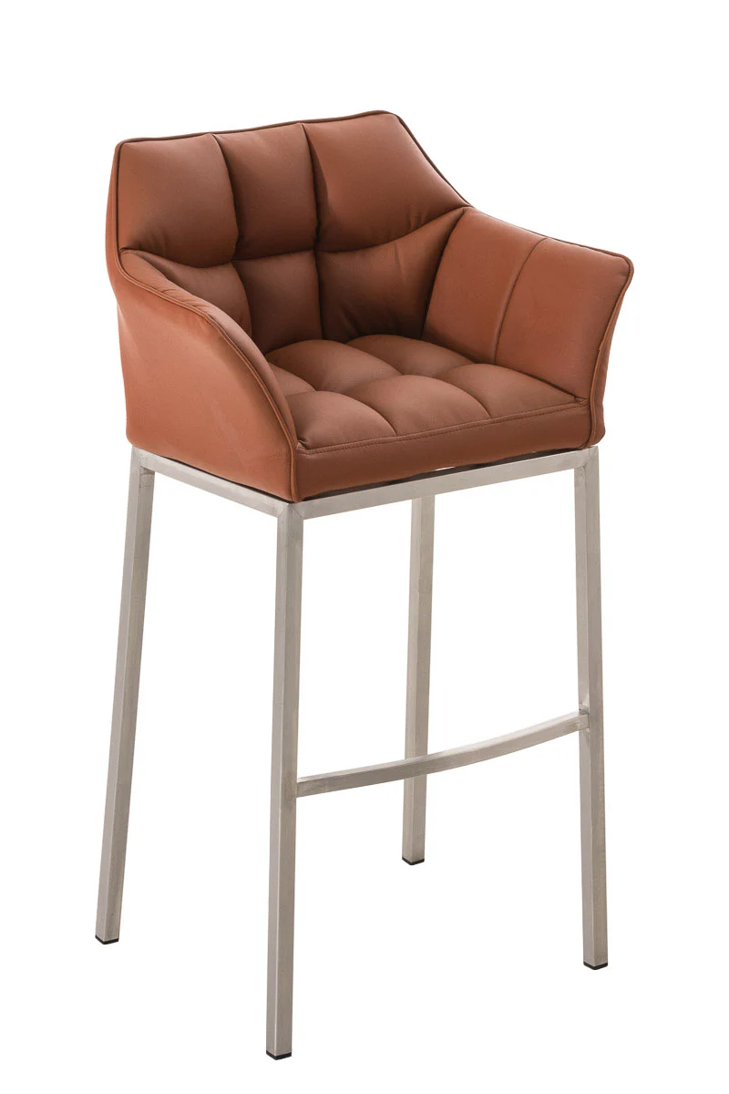 Tabouret de bar x1 assise enveloppante capitonnée en similicuir marron clair avec structure à 4 pieds en acier inoxydable 10_0006219